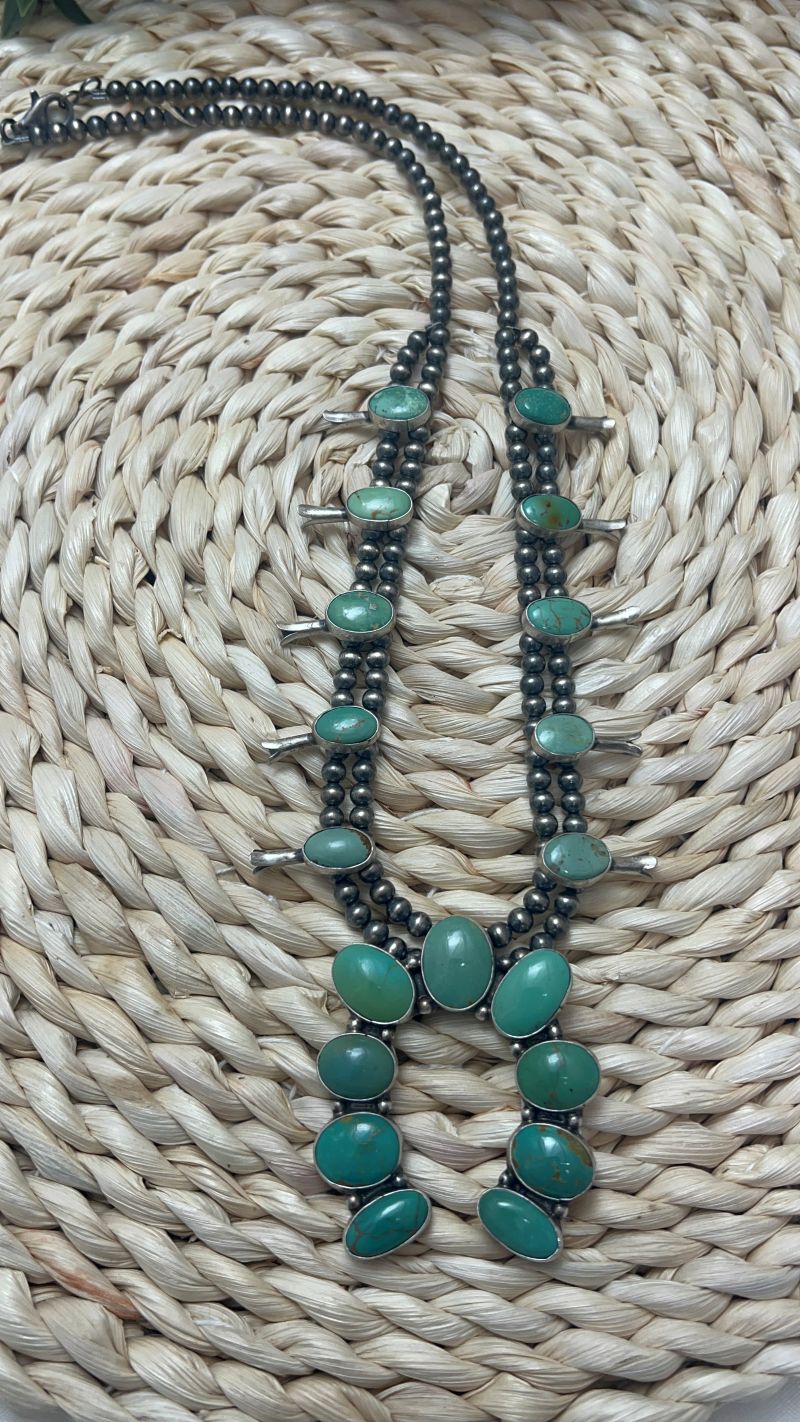 Green Sonoran Turquoise Squash Blossom and Earrings Set - Sunset Turquoise Mountain