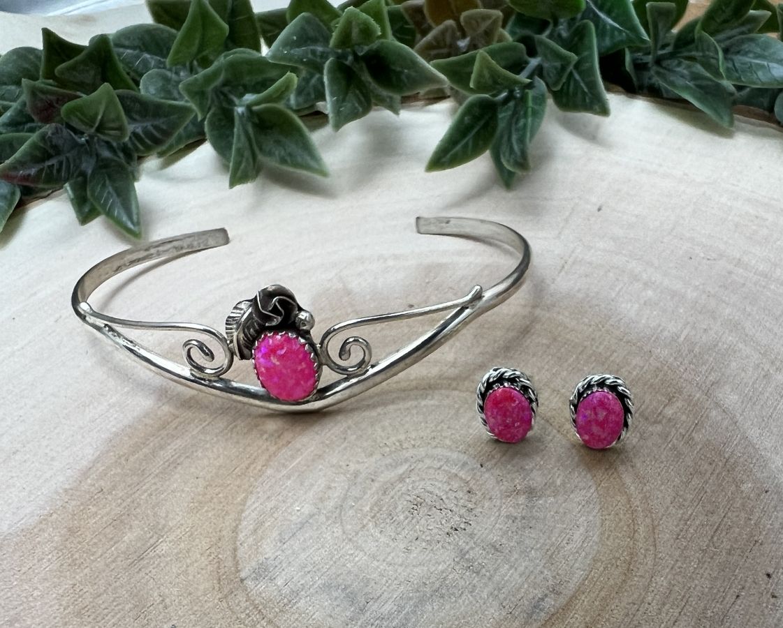 Hot Pink Opal Cuff Bracelet and Post Earrings Set - Sunset Turquoise Mountain