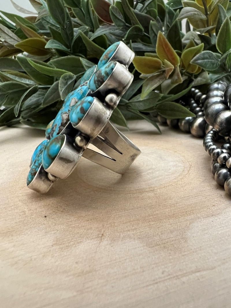 Kingman Turquoise Cluster Ring By Kathleen Livingston - Sunset Turquoise Mountain
