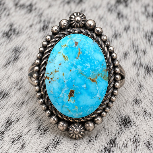 Kingman Turquoise Oval Ring by Eli Skeets — closeup
