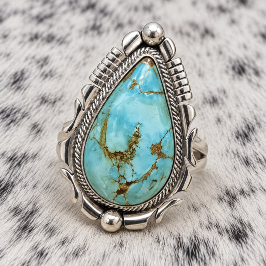 Lone Mountain Turquoise Tear Drop Ring — closeup