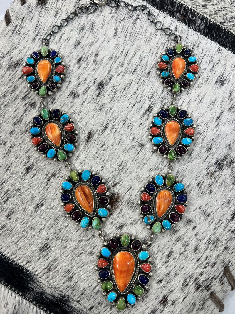 Multi Color Turquoise, Spiny and Lapis Cluster Necklace - Sunset Turquoise Mountain