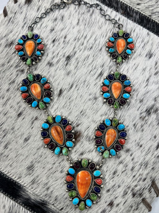 Multi Color Turquoise, Spiny and Lapis Cluster Necklace - Sunset Turquoise Mountain