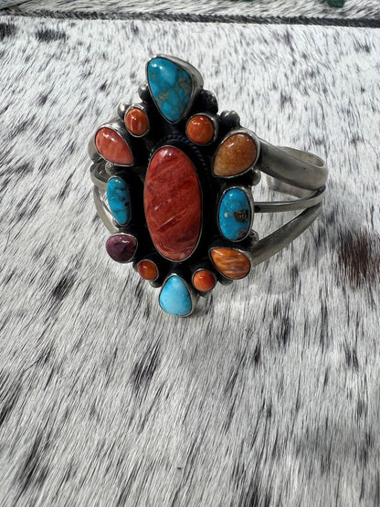 Multi Stone Turquoise and Spiny Oyster Cluster Bracelet - Sunset Turquoise Mountain