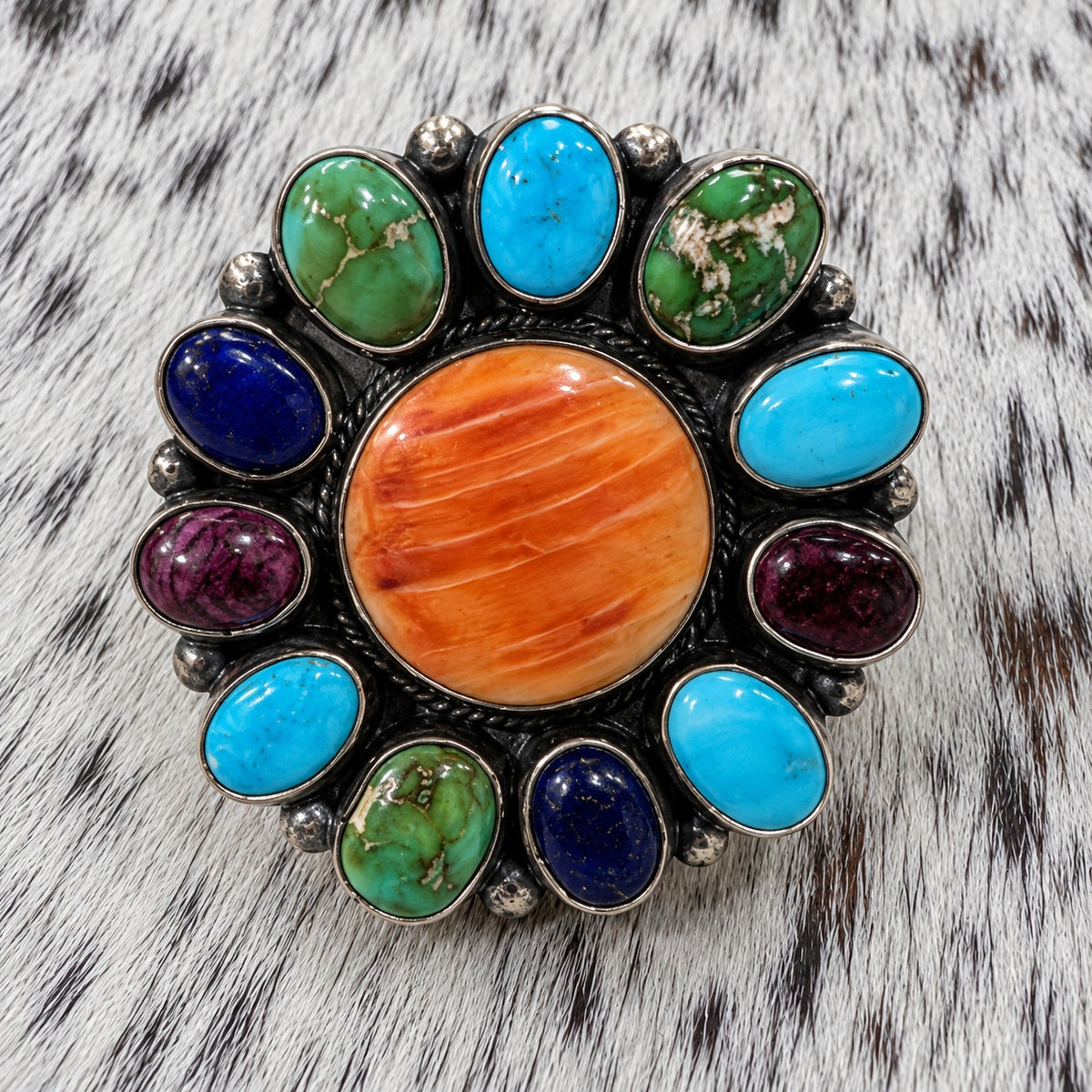 Multi Stone Turquoise, Spiny Oyster and Lapis Cluster Rings — closeup
