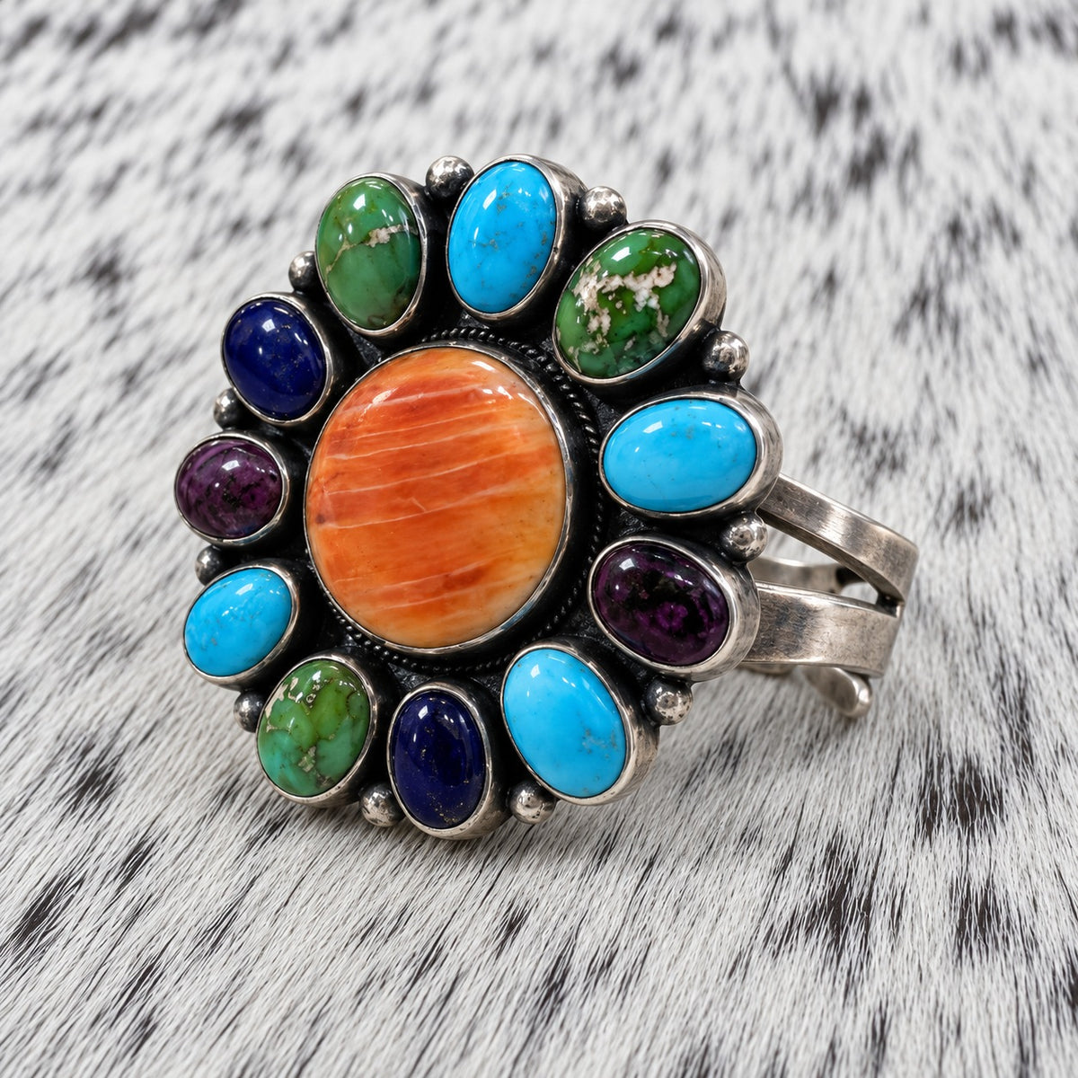 Multi Stone Turquoise, Spiny Oyster and Lapis Cluster Rings — angle
