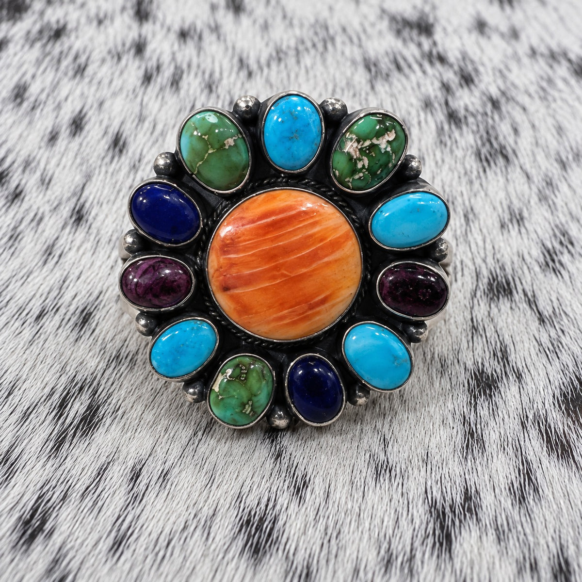 Multi Stone Turquoise, Spiny Oyster and Lapis Cluster Rings — front