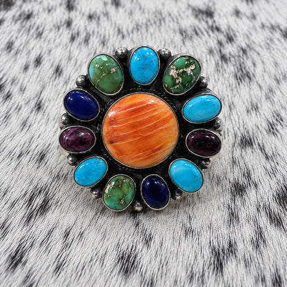 Multi Stone Turquoise, Spiny Oyster and Lapis Cluster Rings — front