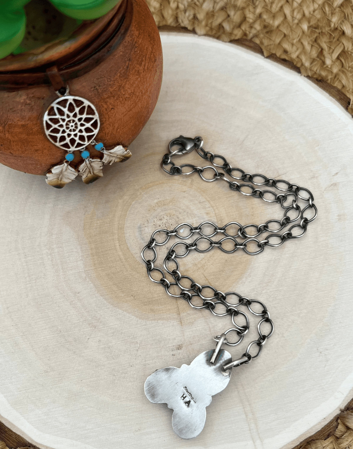 Navajo Artist 3 Stone Turquoise Bar Necklace 18" Chain Oxidized Sterling Silver - Sunset Turquoise Mountain