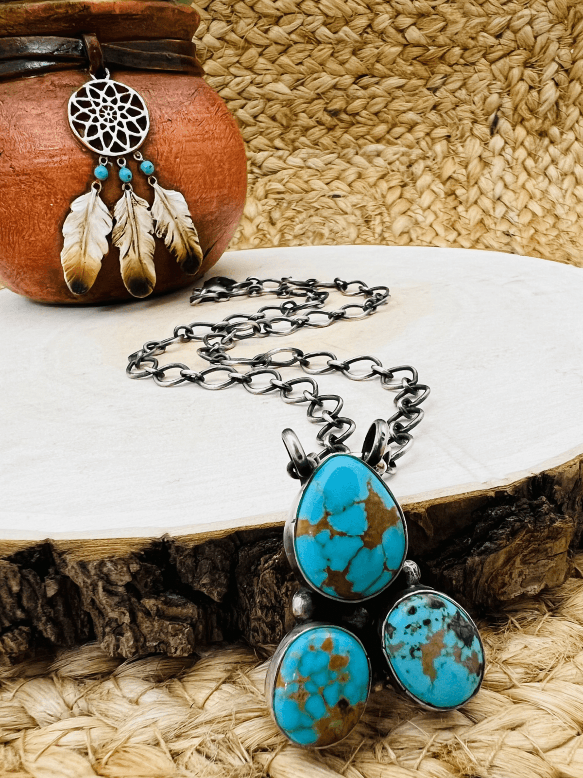 Navajo Artist 3 Stone Turquoise Bar Necklace 18" Chain Oxidized Sterling Silver - Sunset Turquoise Mountain