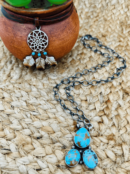Navajo Artist 3 Stone Turquoise Bar Necklace 18" Chain Oxidized Sterling Silver - Sunset Turquoise Mountain