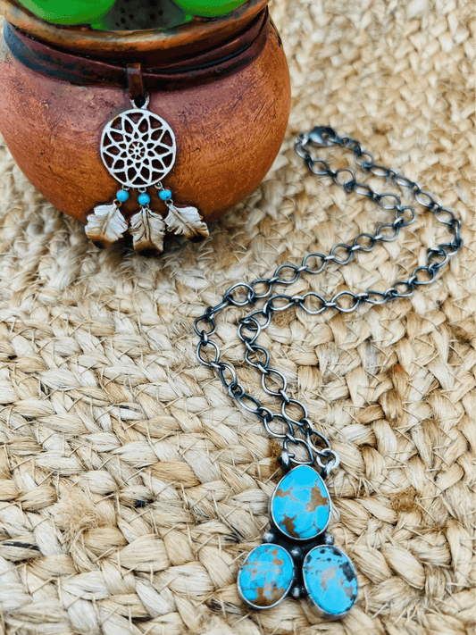 Navajo Artist 3 Stone Turquoise Bar Necklace 18" Chain Oxidized Sterling Silver - Sunset Turquoise Mountain