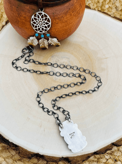 Navajo Artist 4 Stone Turquoise Bar Necklace 19" Chain Oxidized Sterling Silver - Sunset Turquoise Mountain