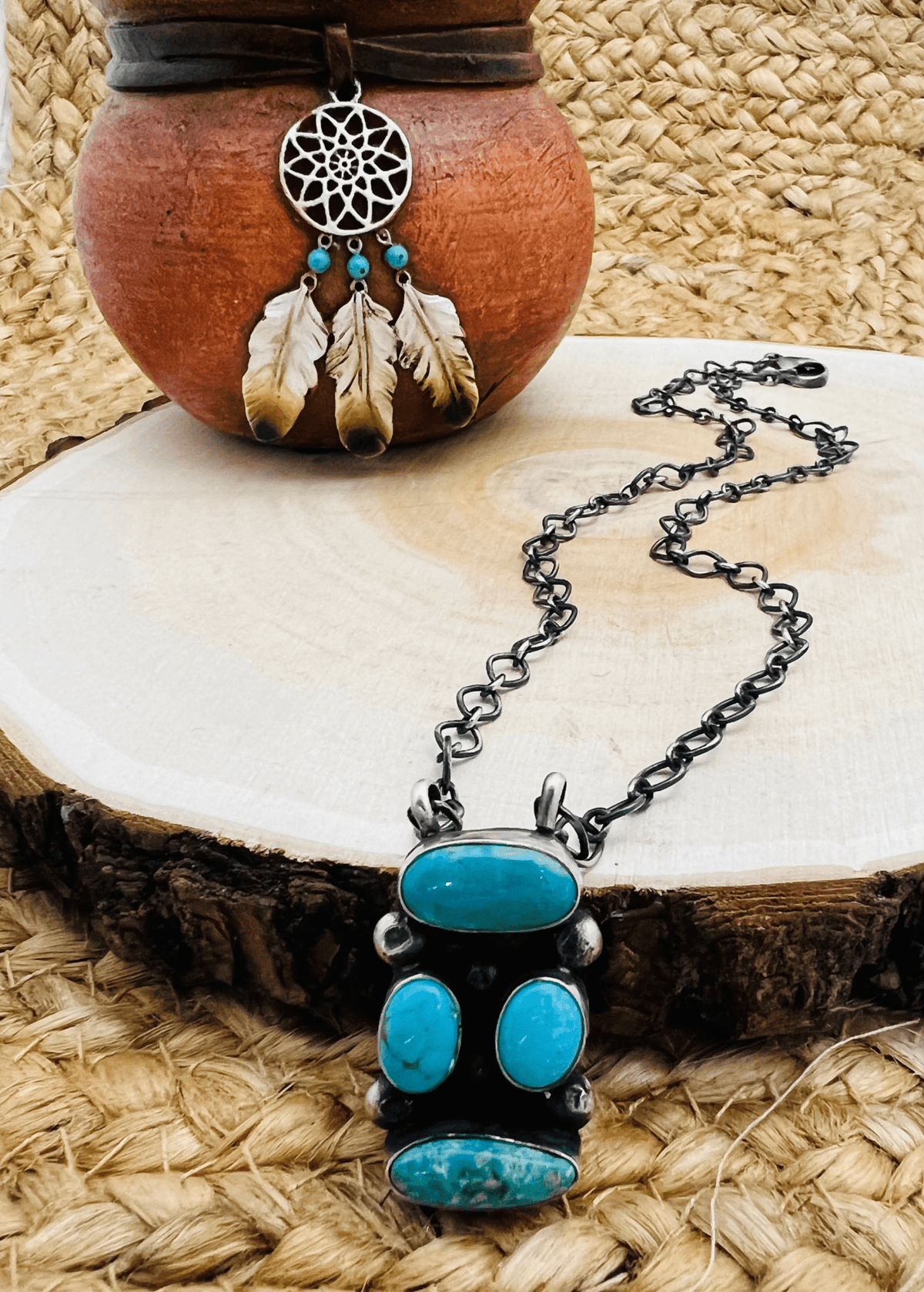 Navajo Artist 4 Stone Turquoise Bar Necklace 19" Chain Oxidized Sterling Silver - Sunset Turquoise Mountain