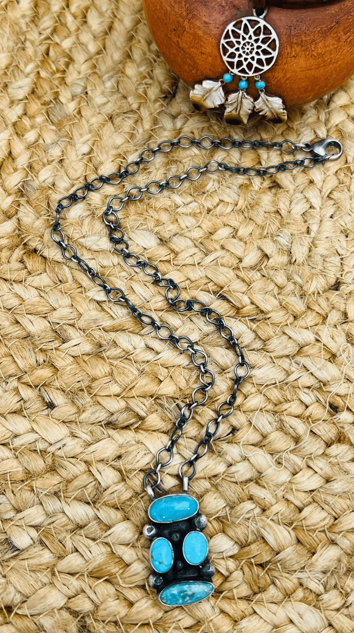 Navajo Artist 4 Stone Turquoise Bar Necklace 19" Chain Oxidized Sterling Silver - Sunset Turquoise Mountain