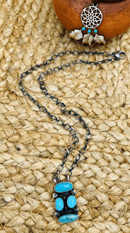 Navajo Artist 4 Stone Turquoise Bar Necklace 19" Chain Oxidized Sterling Silver - Sunset Turquoise Mountain