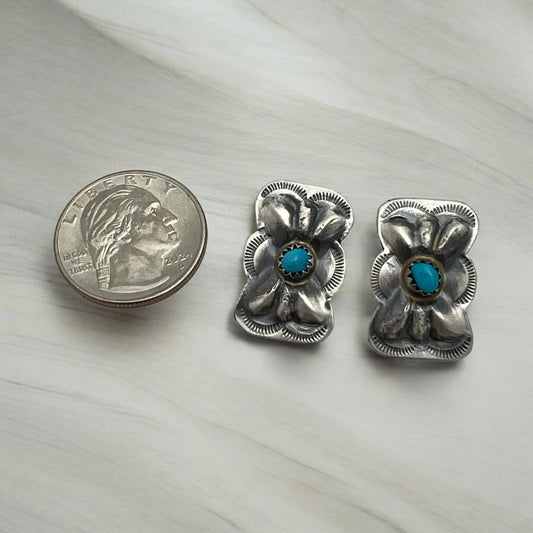 Navajo Artist Blue Turquoise Concho Butterfly Post Earring Sterling Silver - Sunset Turquoise Mountain