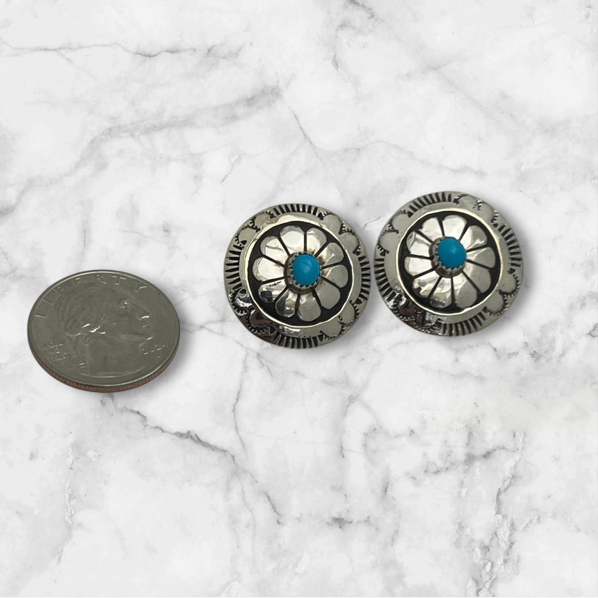Navajo Artist Blue Turquoise Concho Dangle Earrings Sterling Silver - Sunset Turquoise Mountain