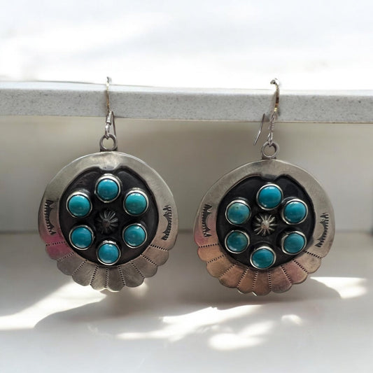 Navajo Artist Blue Turquoise Concho Dangle Earrings Sterling Silver - Sunset Turquoise Mountain
