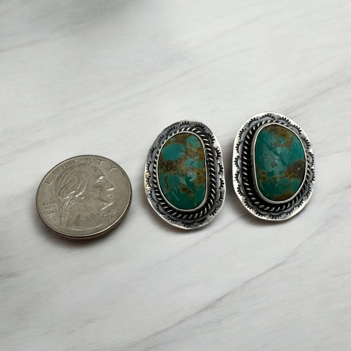 Navajo Artist Pete Skeets Green Turquoise Post Earring Sterling Silver - Sunset Turquoise Mountain