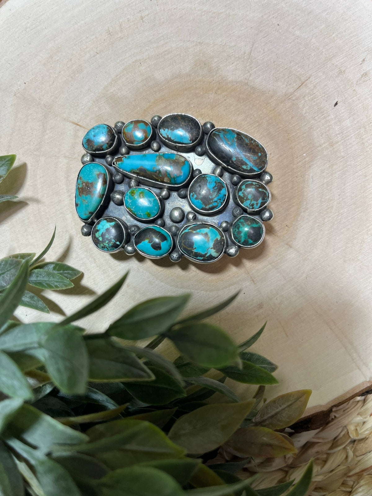 Navajo Artist Sheila Becenti Turquoise 13 Stone Buckle - Sunset Turquoise Mountain