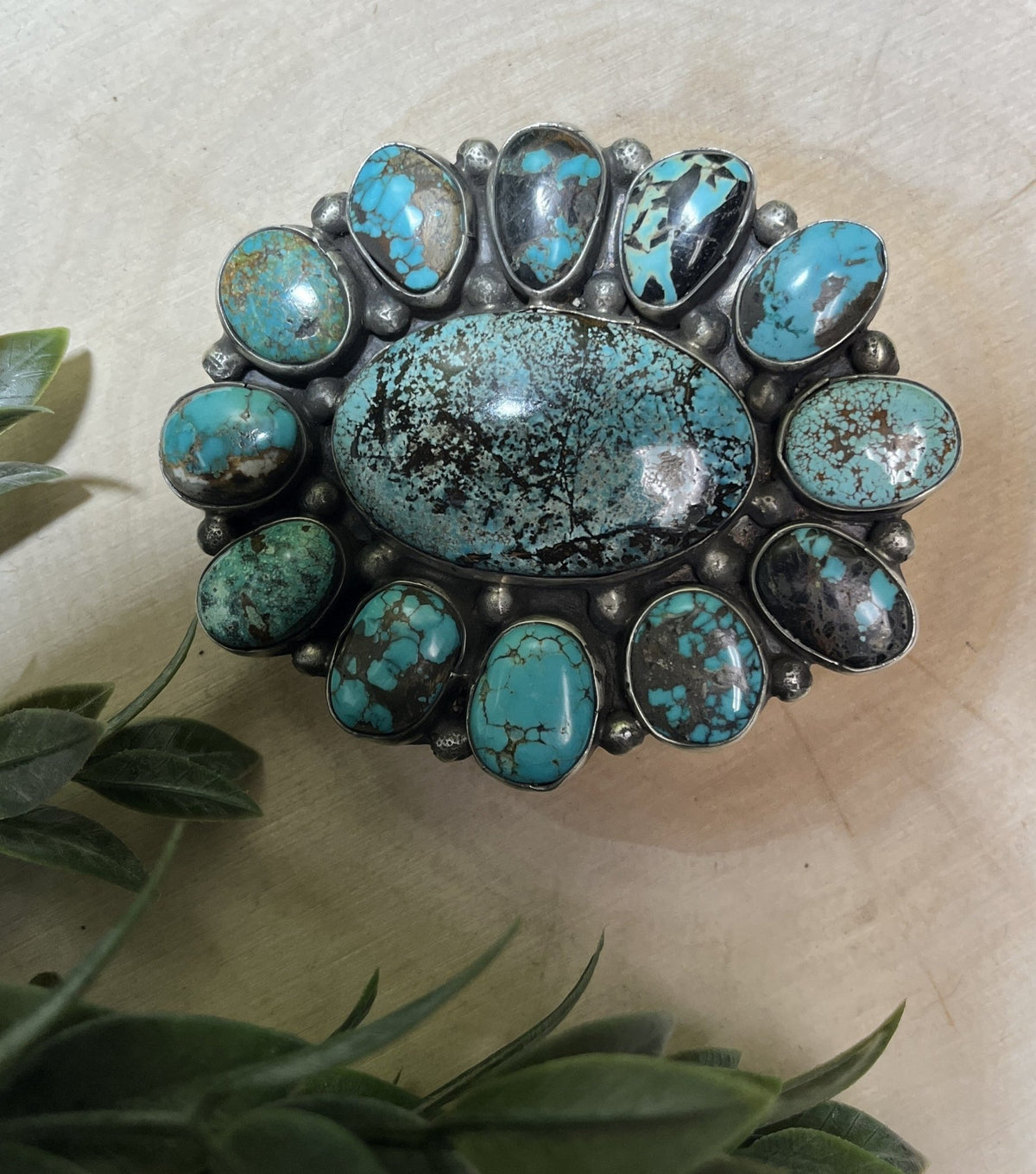 Navajo Artist Travis James Turquoise 13 Stone Buckle - Sunset Turquoise Mountain