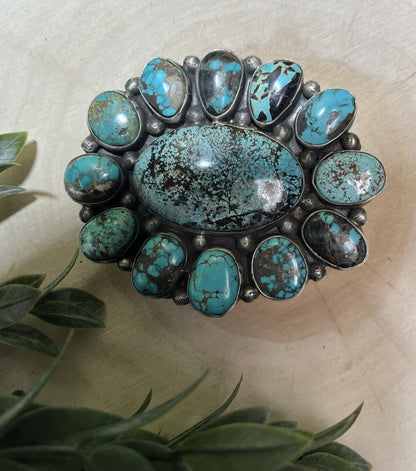 Navajo Artist Travis James Turquoise 13 Stone Buckle - Sunset Turquoise Mountain
