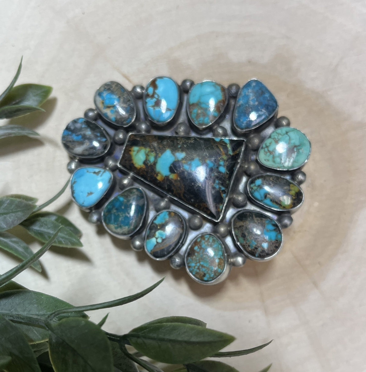 Navajo Artist Travis James Turquoise 13 Stone Buckle - Sunset Turquoise Mountain
