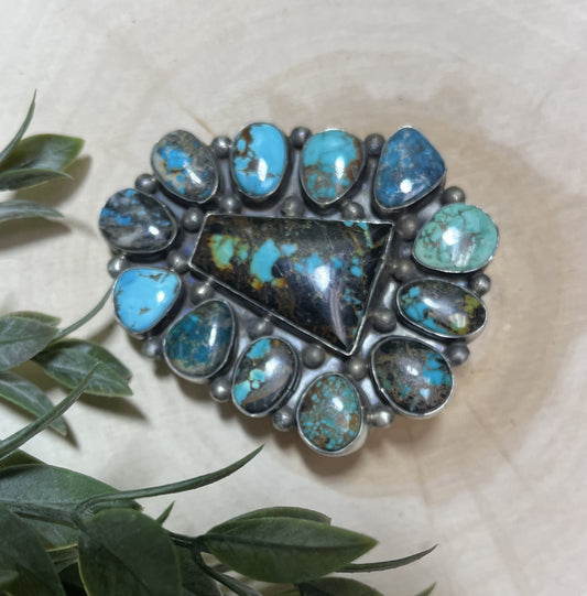 Navajo Artist Travis James Turquoise 13 Stone Buckle - Sunset Turquoise Mountain