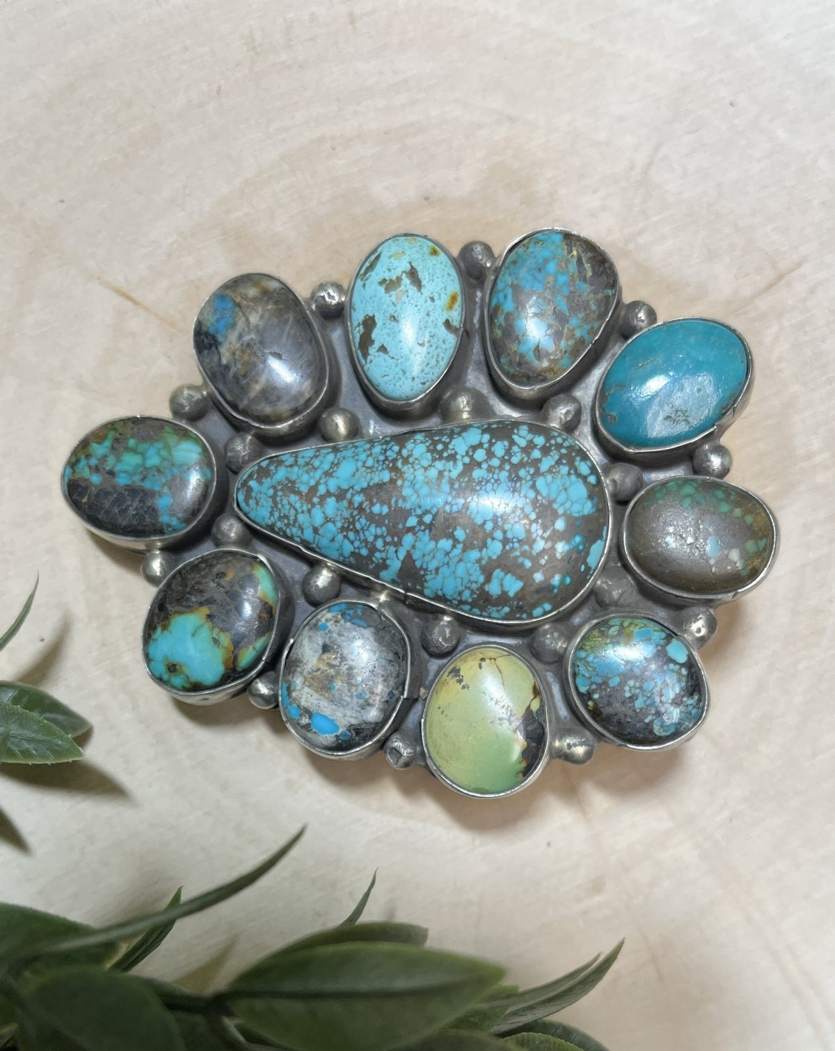 Navajo Artist Travis James Turquoise 13 Stone Buckle - Sunset Turquoise Mountain