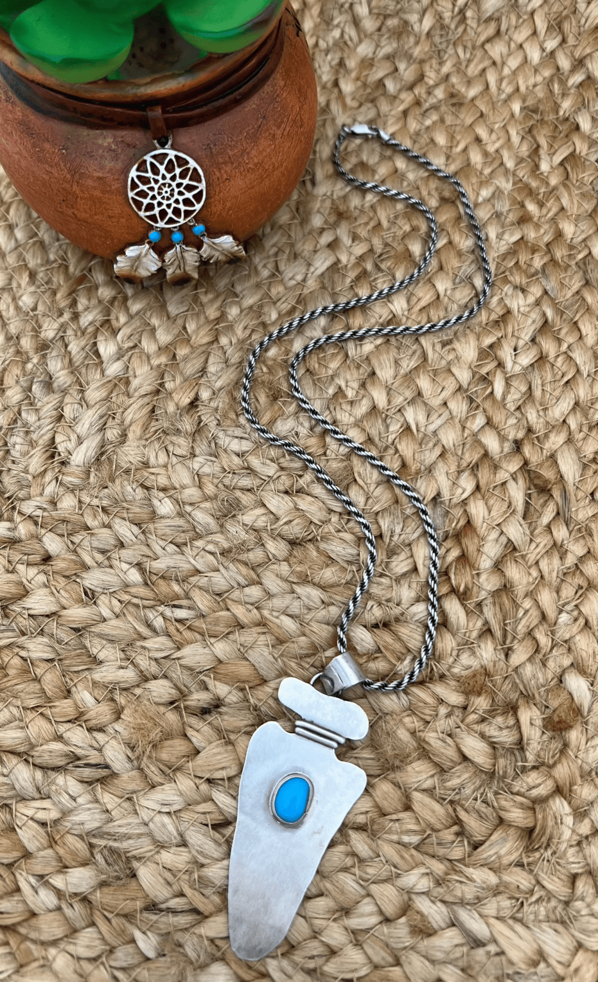 Navajo Artist Turquoise Arrowhead with 20" Rope Chain Oxidized Sterling Silver - Sunset Turquoise Mountain