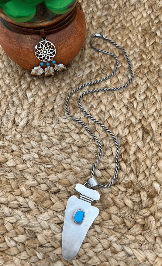 Navajo Artist Turquoise Arrowhead with 20" Rope Chain Oxidized Sterling Silver - Sunset Turquoise Mountain