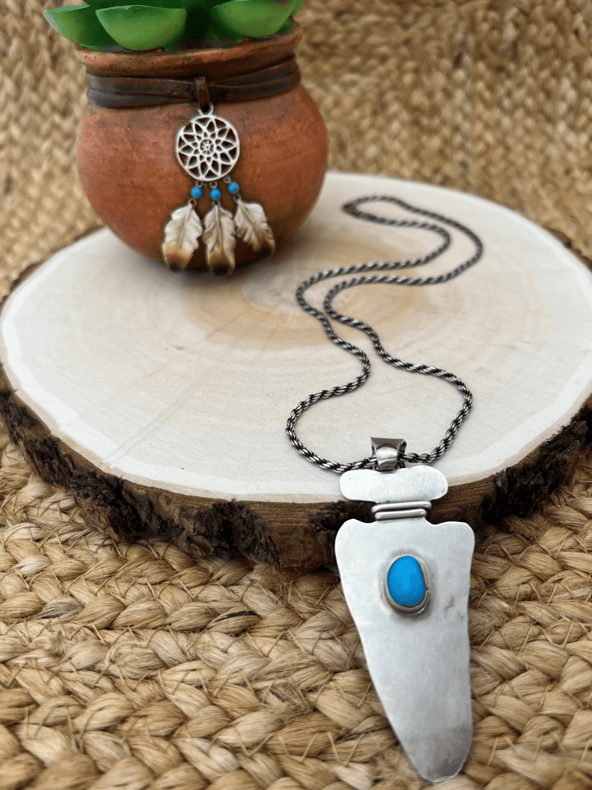 Navajo Artist Turquoise Arrowhead with 20" Rope Chain Oxidized Sterling Silver - Sunset Turquoise Mountain