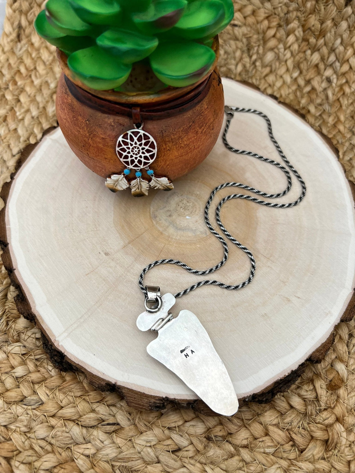 Navajo Artist Turquoise Arrowhead with 20" Rope Chain Oxidized Sterling Silver - Sunset Turquoise Mountain