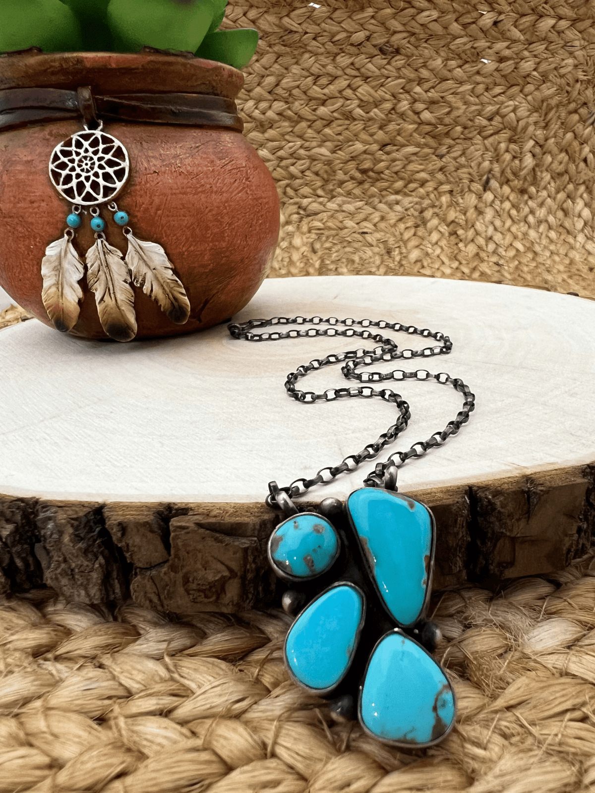 Navajo Artist Turquoise Bar Necklace with 16.5" Chain Oxidized Sterling Silver - Sunset Turquoise Mountain