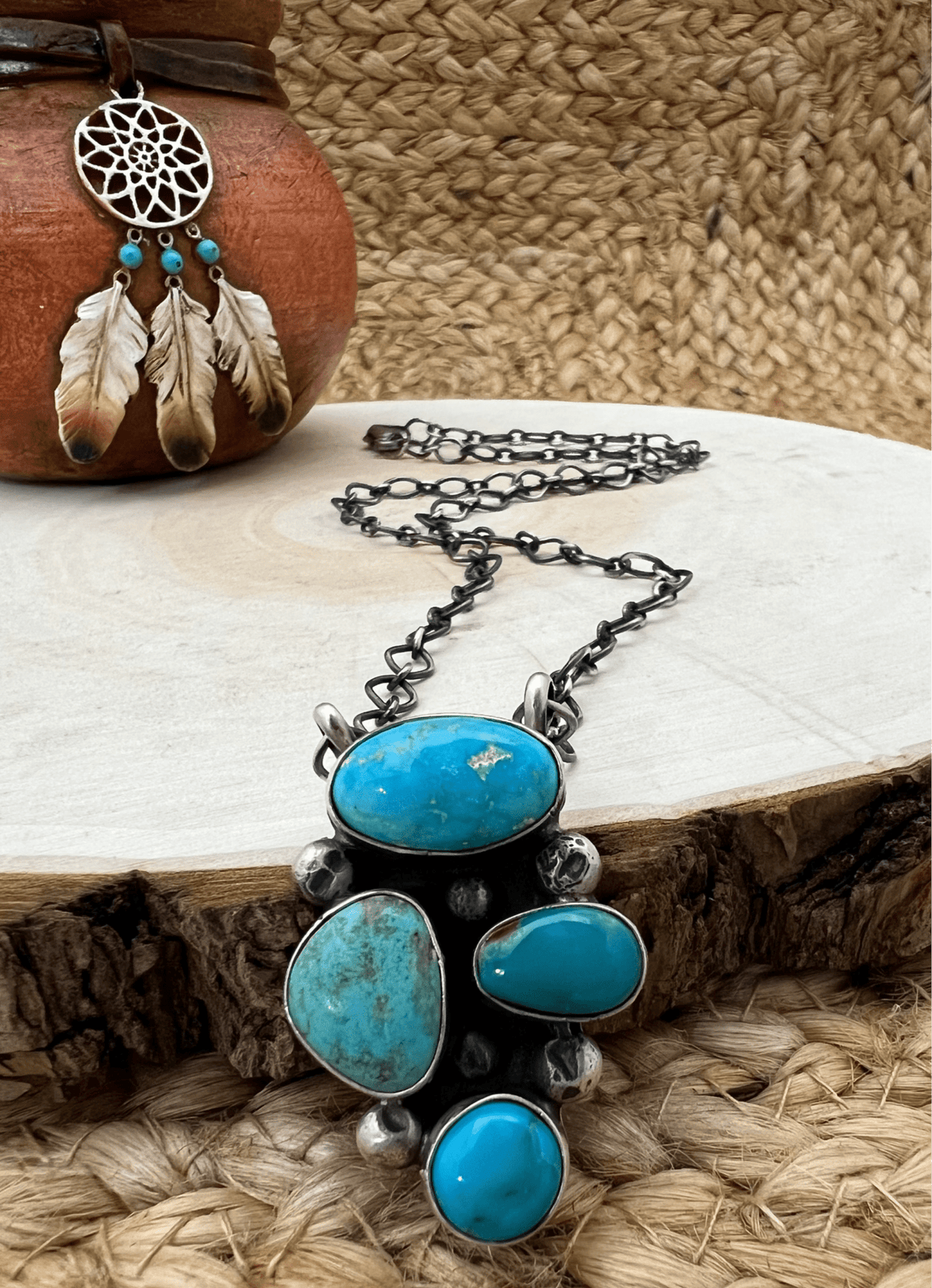 Navajo Artist Turquoise Bar Necklace with19" Chain Oxidized Sterling Silver - Sunset Turquoise Mountain