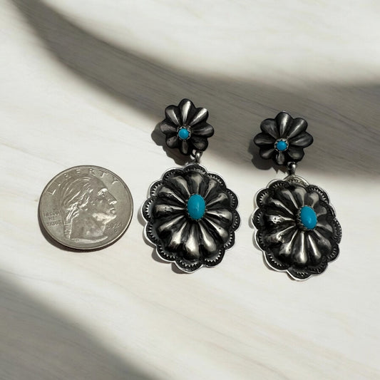 Navajo Artist Turquoise Double Concho Post Earring Sterling Silver - Sunset Turquoise Mountain