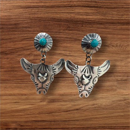 Navajo Artist Yazzie Blue Turquoise Steer Head Dangle Earrings Sterling Silver - Sunset Turquoise Mountain