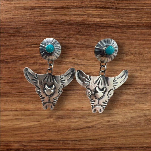Navajo Artist Yazzie Blue Turquoise Steer Head Dangle Earrings Sterling Silver - Sunset Turquoise Mountain