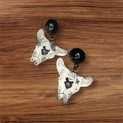 Navajo Artist Yazzie Blue Turquoise Steer Head Dangle Earrings Sterling Silver - Sunset Turquoise Mountain