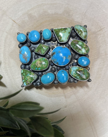 Navajo Handmade Sonoran Turquoise 15 Stone Buckle - Sunset Turquoise Mountain