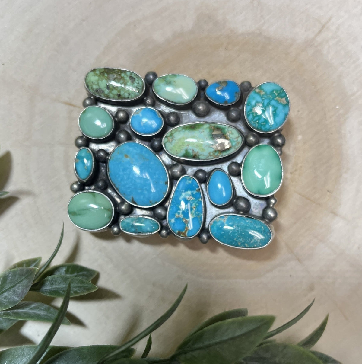 Navajo Handmade Sonoran Turquoise 15 Stone Buckle - Sunset Turquoise Mountain