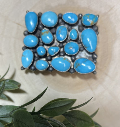 Navajo Handmade Sonoran Turquoise 15 Stone Buckle - Sunset Turquoise Mountain