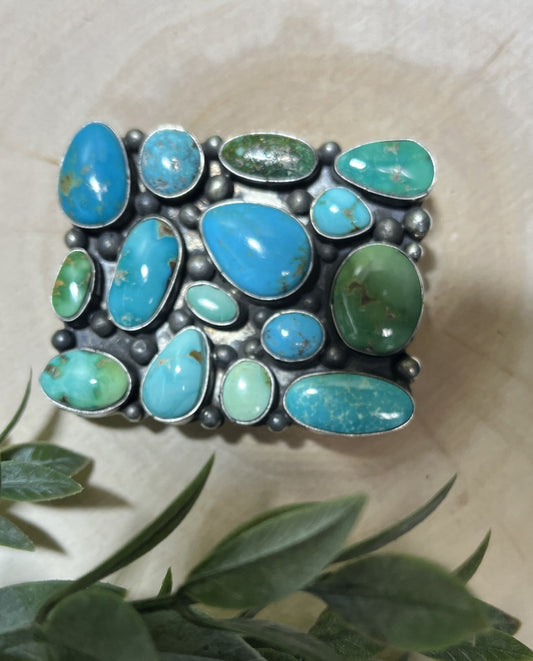 Navajo Handmade Sonoran Turquoise 15 Stone Buckle - Sunset Turquoise Mountain