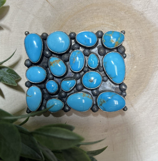 Navajo Handmade Sonoran Turquoise 15 Stone Buckle - Sunset Turquoise Mountain