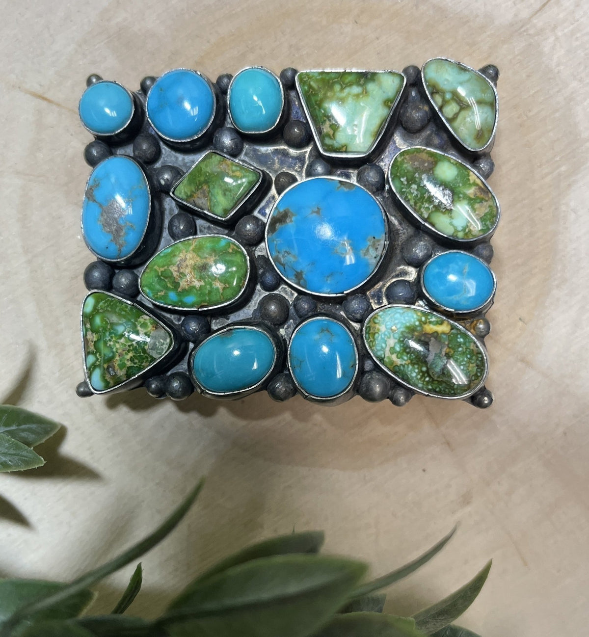 Navajo Handmade Sonoran Turquoise 15 Stone Buckle - Sunset Turquoise Mountain