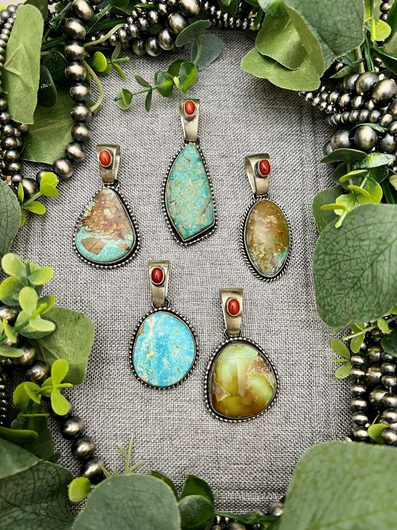 Paul Livingston Royston Turquoise and Coral Pendants - Sunset Turquoise Mountain