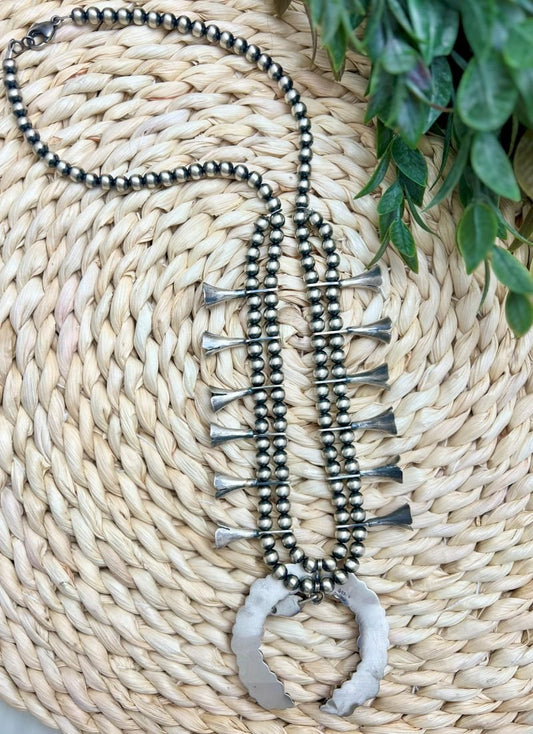 Red Spiny Naja and Plain Pearl Squash Blossom Necklace - Sunset Turquoise Mountain
