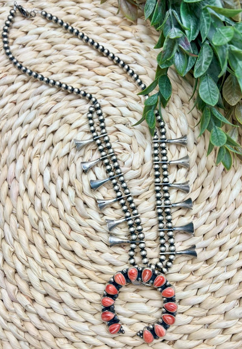 Red Spiny Naja and Plain Pearl Squash Blossom Necklace - Sunset Turquoise Mountain