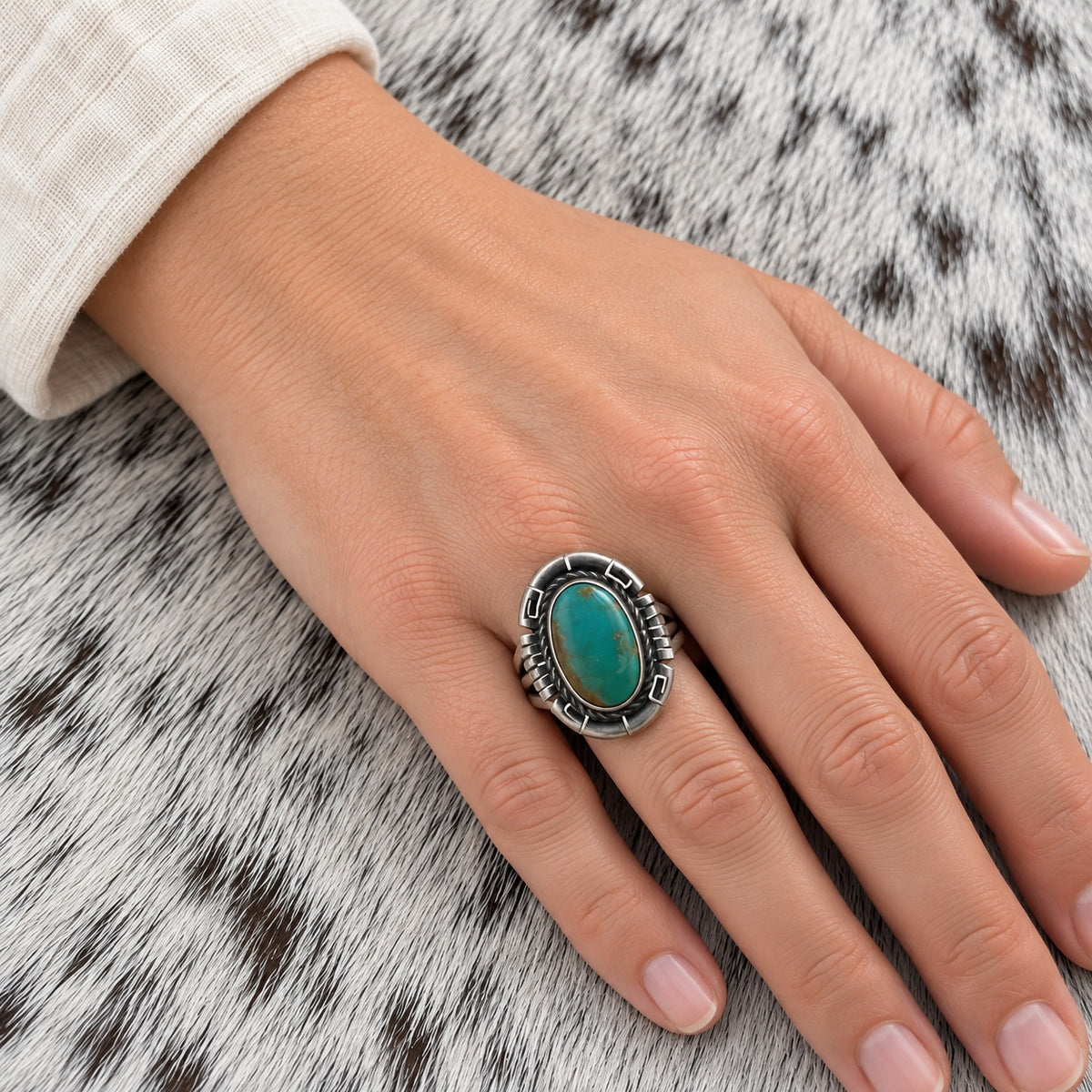 Royston Turquoise Ring by Dave Skeets — lifestyle (approximate worn scale)